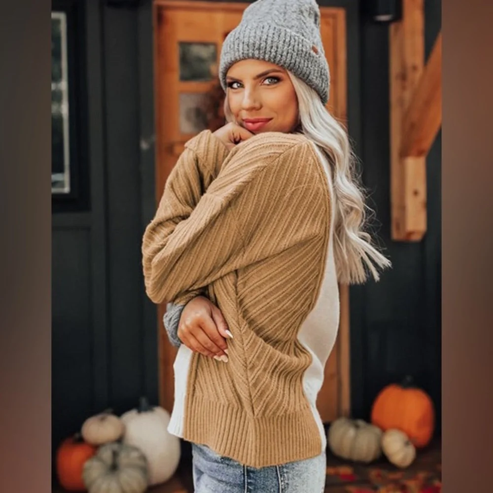 Cozy Sweater, Color Block, Cable Knit Texture, White/Tan/Gray, M L XL 2X - Picture 5 of 16